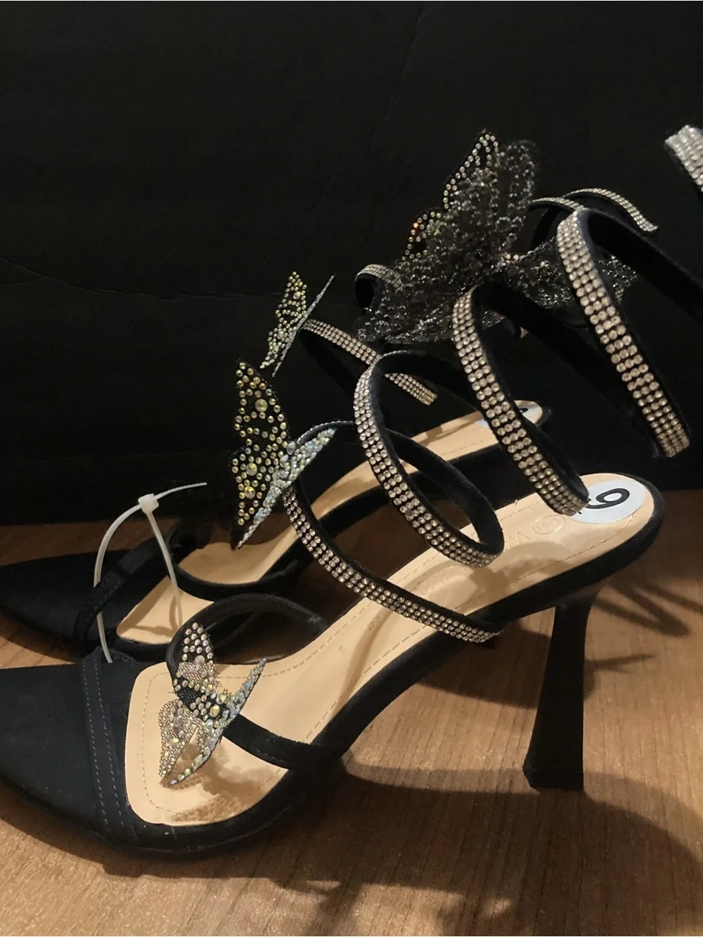 Wild Diva Black Butterfly Crystal Strappy Heels